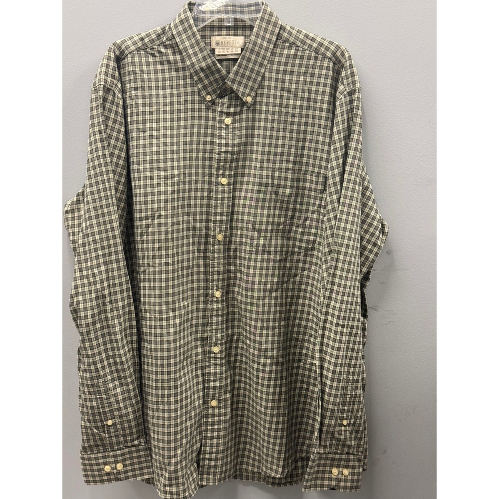 Beretta Plaid Button Down Shirt Mens 3XL Green Tan Long Sleeve Check Outdoors
